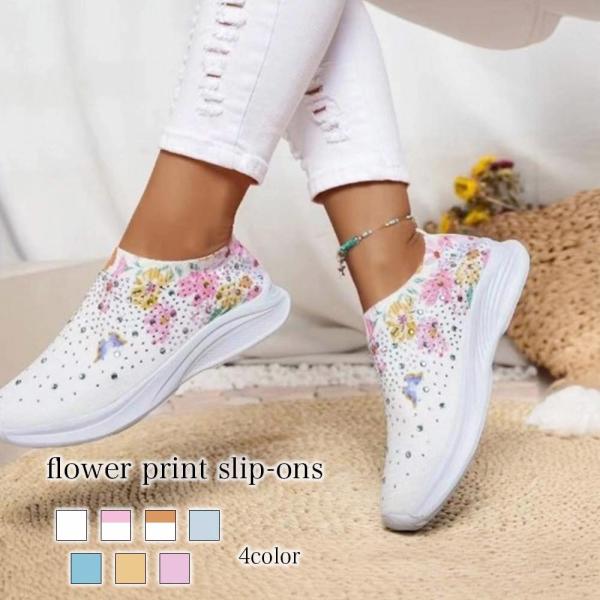 スニーカー レディース フラワー柄スリッポン 40代 50代 幅広 冬 おしゃれ 安い 黒 秋 厚底...