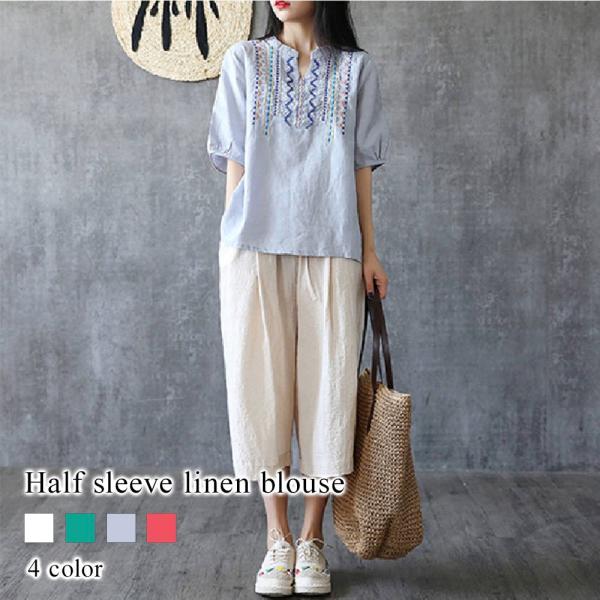 ブラウス レディース 5分袖リネンブラウス 春 レース 白 シャツ オフィス 七分袖 ブランド 40...