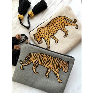 アニマル刺繍ポーチ Lサイズ インド刺繍 タイガー 虎 レオパード 豹 動物 アニマル かわいい プレゼント ギフト 送料無料 メーカー直送 東京かんかん