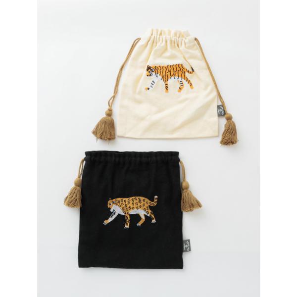 アニマル刺繍巾着袋 Lサイズ タイガー レオパード インド刺繍 ミニポーチ 虎 豹 アニマル 動物 ...