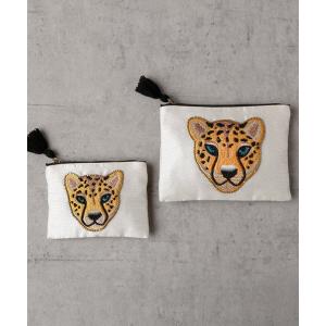 【送料無料／クリックポスト対応】レオパード刺繍フラットポーチ L 18×13cm 刺繍 ポーチ 小物入れ バッグイン レディース ギフト インド雑貨