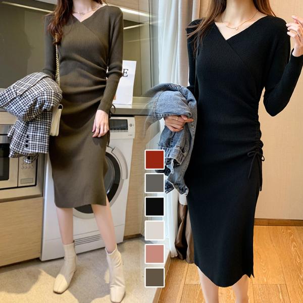 ニットワンピース レディース  長袖ワンピース Vネック 秋冬 新作 おしゃれ タイトニット スカー...