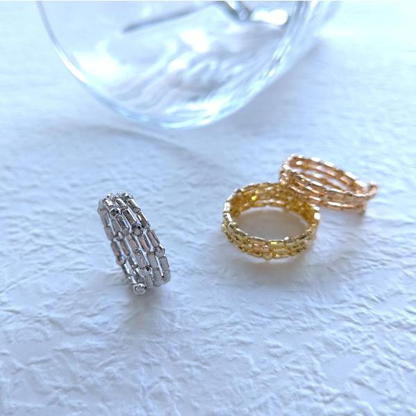 K18　リング 18金 ミラーボールカット 形状記憶 2連 スパイラル フリーサイズ 18k リング