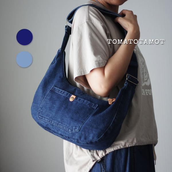 本革×デニム チャオズショルダーバッグ 餃子バッグ ラウンドスクエア デニムバッグ ショルダーベルト...
