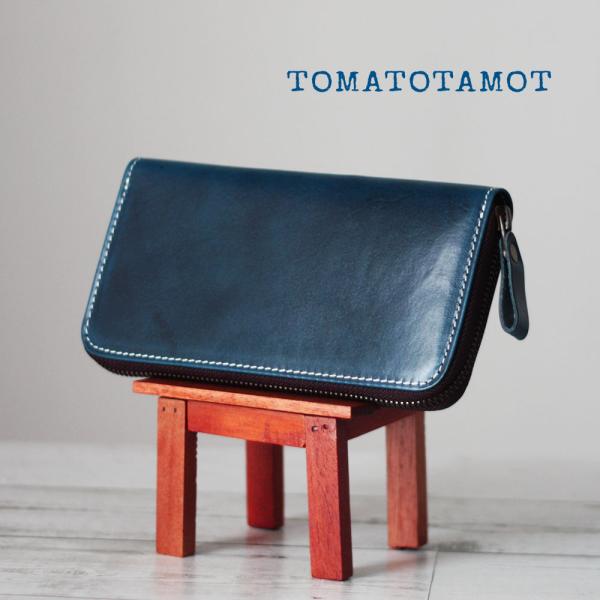 デニムブルーのロングウォレット 本革 青い財布 長財布 ラウンド ファスナー ネイビーブルー 牛革 ...