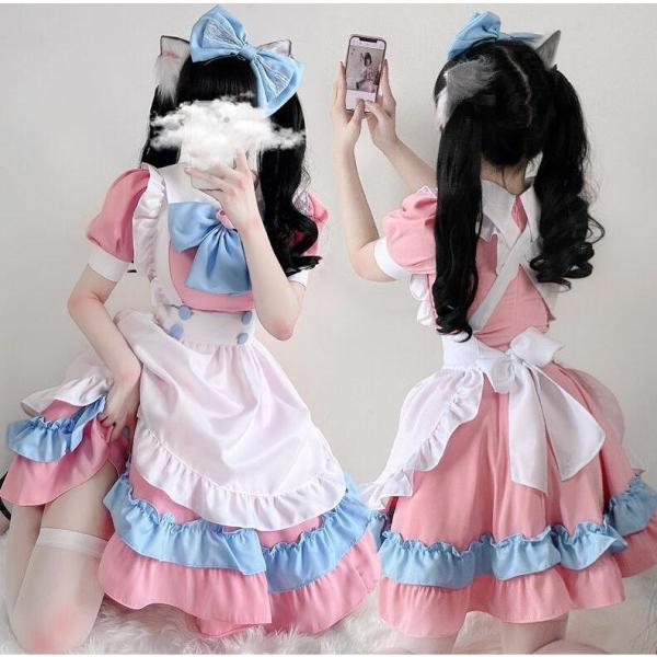 メイド服 ハロウィン コスプレ メイド服 メイド 仮装 衣装 4点セット 半袖ワンピース フリル リ...