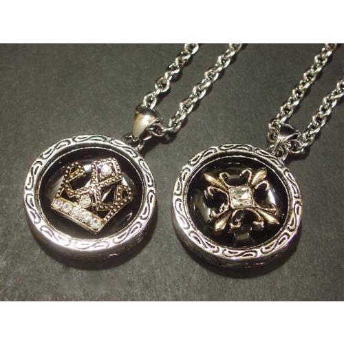 クラウン クロス ラウンドサークルネックレス/ラインストーン/メンズ/十字架/王冠/M-2394