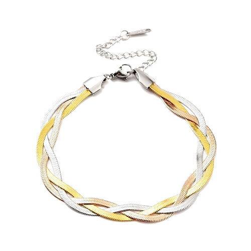 インターロッキングヘリンボーンチェーンブレスレット ステンレス 18.5+6cm バイカラー 3色 ...