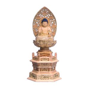 仏像 彫刻 木材 薬師如来座像草光背六角台2.0寸桧木 ひのき彩色
