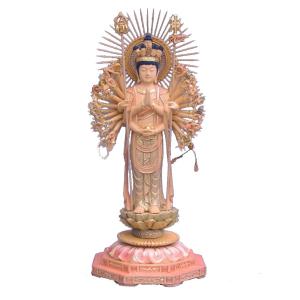仏像 彫刻 木材千手観音座像飛天光背八角台2.5寸桧木 ひのき 彩色 送料