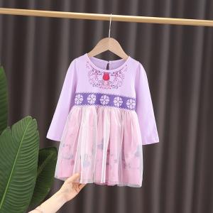 綿素材 子供プリンセスワンピース 長袖水色 シ...の詳細画像1