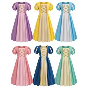 子供ドレス　プリンセスドレス 女の子ドレス　ラプンツェル　ベル　オーロラ姫　シンデレラ風　子供 仮装　半袖　ワンピース　ドレス　パープル　100cm〜150cm