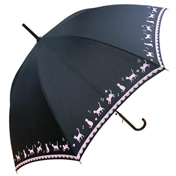 黒ネコ裾柄 かわいい 60ｃｍ ジャンプ傘 (黒)