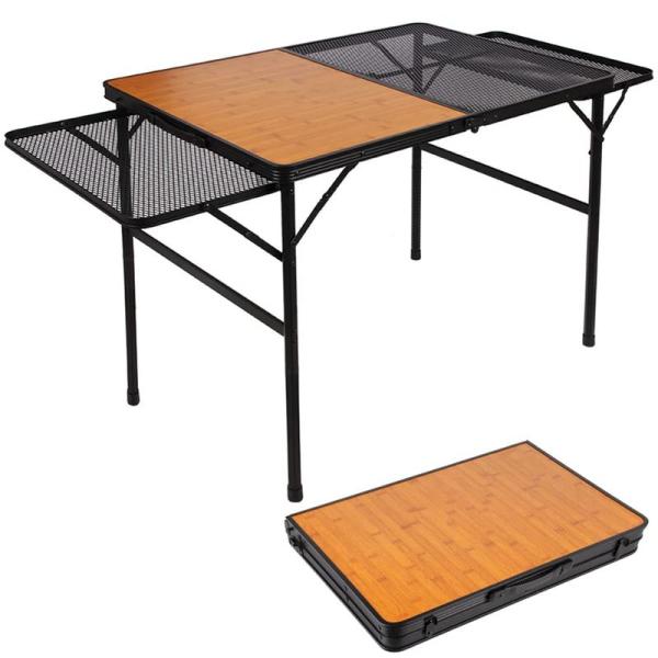 UPF キャンプ テーブル メッシュ サイドテーブル付き 2-4人用 アウトドア テーブル 木製 軽...
