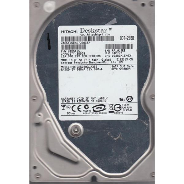 HDP725050GLA360、PN 0A35415、MLC BA2727、日立 500GB SAT...