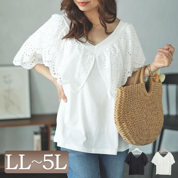 大きいサイズ レディース トップス ブラウス カットソー 半袖 レース ビッグカラー ストレッチ 夏...