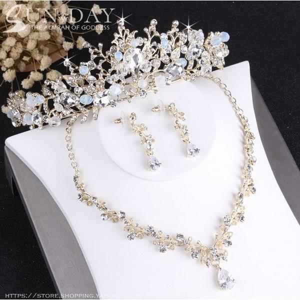 ウェディングティアラ ネックレス/イヤリング ブライダル ティアラ クリスタル ティアラ ウエディン...