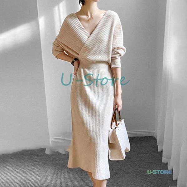 【タイムセール】ニットワンピース ワンピース Ｖネック レディース 40代 50代ロングワンピース ...