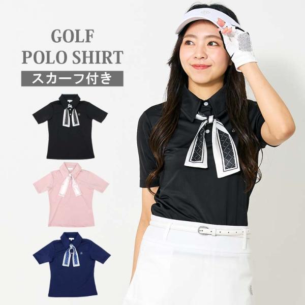 ゴルフウェア レディース gs GOLFポロシャツ スカーフリボン付き 半袖 ストレッチ トップス ...