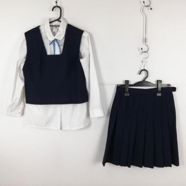 ベスト スカート 紐タイ 上下4点セット 冬物 女子 学生服 中学 高校 紺 森英恵 制服 中古 ラ...