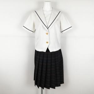 セーラー服 チェックスカート 上下2点セット 夏物 青1本線 女子 学生服 岡山芳泉高校 白 制服 中古 ランクC NA1825｜top-gakuseihuku