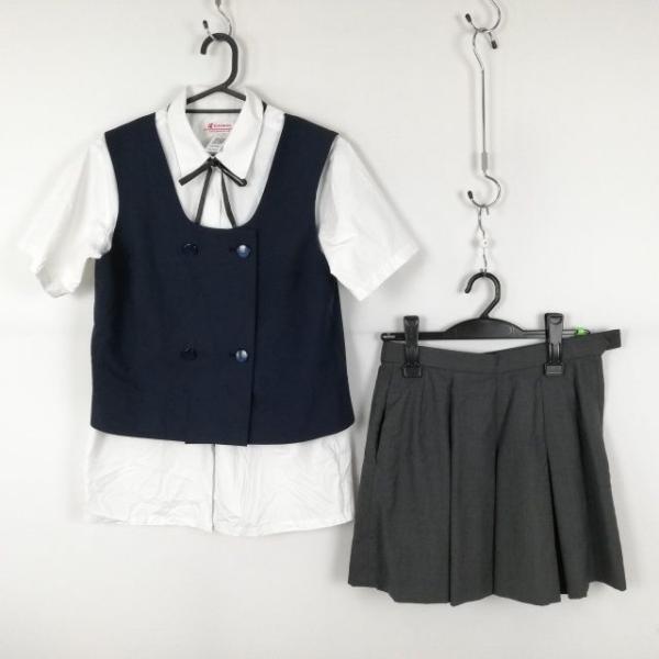 ベスト マイクロミニスカート 紐タイ 上下4点セット 夏物 女子 学生服 中学 高校 紺 制服 中古...