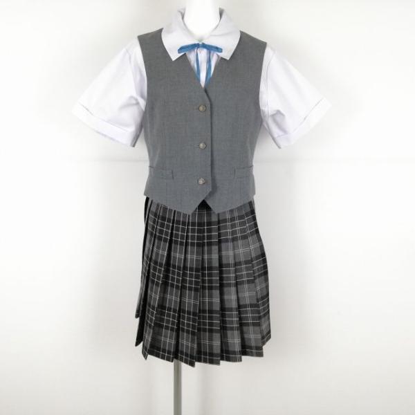 ベスト チェックスカート 紐タイ 上下4点セット 夏物 女子 学生服 中学 高校 グレー 制服 中古...