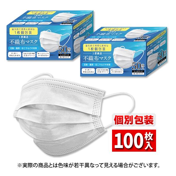 クーポンあり 不織布マスク 100枚 個包装 使い捨て 2箱 大人用 三層フィルター 50枚個包装マ...