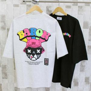 BARON バロン ネオンカラーロゴ バックプリント クルーネック 半袖Tシャツ ヘビーウェイト コットン トップス 韓国ファッション メンズ レディース ユニセックス｜topism