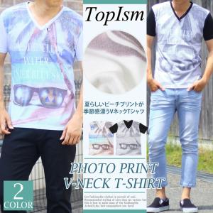 Tシャツ メンズ 半袖 転写プリント ビーチ サングラス フォトプリント Vネック カットソー サーフ｜topism