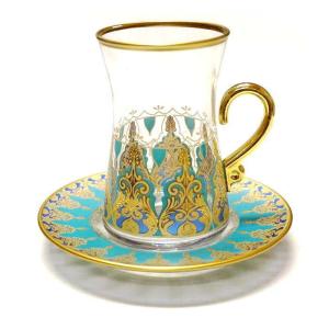 トルコ製チャイグラス　CB-242　アラベスク/ターコイズ（１客）　大サイズハンドル付