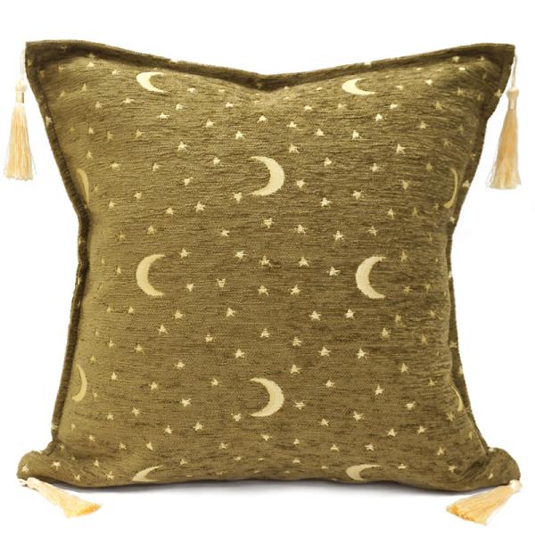 トルコ製　シェニールクッションカバー　CC-AY3GR　月と星/グリーン（40〜45cm角対応サイズ...