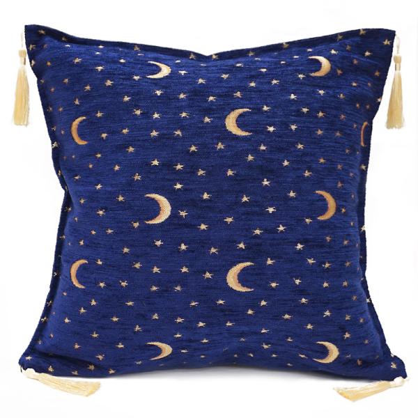 トルコ製　シェニールクッションカバー　CC-AY3NV　月と星/ネイビー（40〜45cm角対応サイズ...