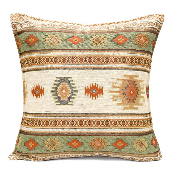 トルコ製 シェニールクッションカバー　CC-KLCR　キリム柄/グリーンxクリーム（40〜45cm角...
