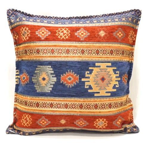 トルコ製 シェニールクッションカバー CC-KLNV キリム柄/ネイビーｘレッド 40×40〜45×...