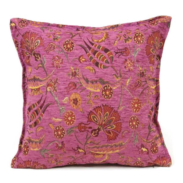 トルコ製 シェニールクッションカバー CC-LK2RB ラーレ＆カランフィル柄/ラズベリー 40×4...
