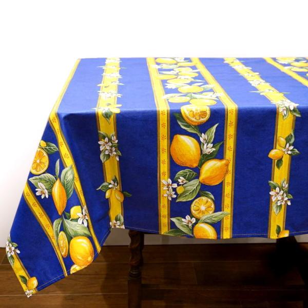 フランス製 コットン撥水テーブルクロス☆シトロン/ブルー150x120cmサイズ F155120-C...