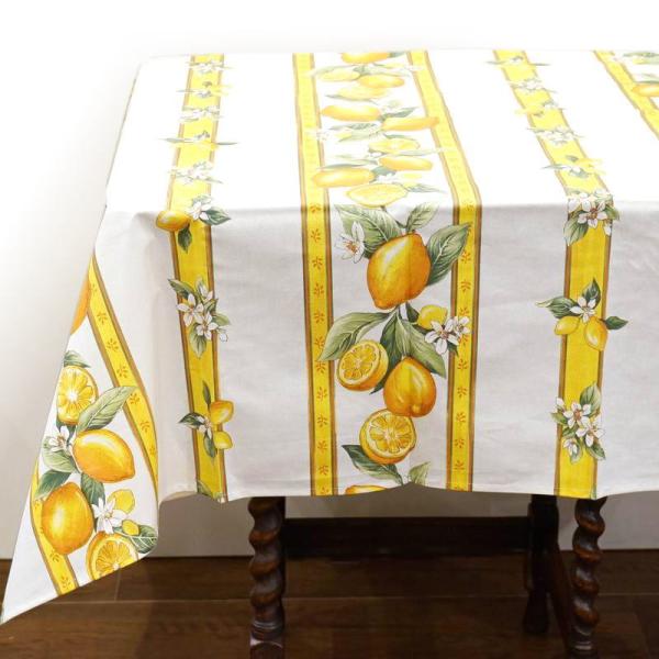 フランス製 コットン撥水テーブルクロス☆シトロン/ホワイト150x120cmサイズ F155120-...