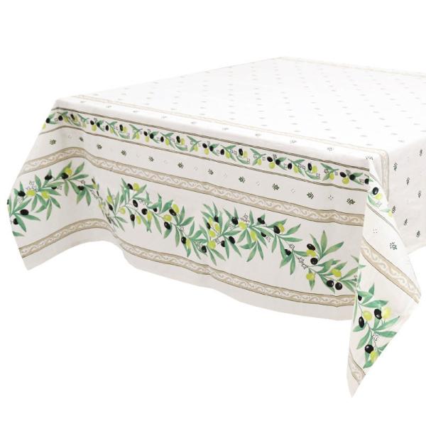 フランス製 コットン撥水テーブルクロス☆オリーブ柄/ホワイト 150x120cmサイズ F15512...