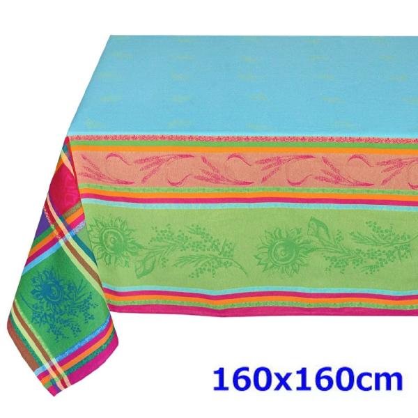 フランス製 ジャカード織　撥水テーブルクロス☆ セザンヌ/ターコイズ 160x160cmサイズ　F1...