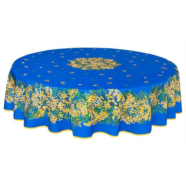 フランス製 コットン撥水テーブルクロス　ミモザ/ブルー 円形180cmサイズ F180-MMS-BL