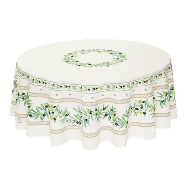 フランス製 コットン撥水テーブルクロス☆オリーブ柄/ホワイト 円形180cmサイズ F180-RMT...