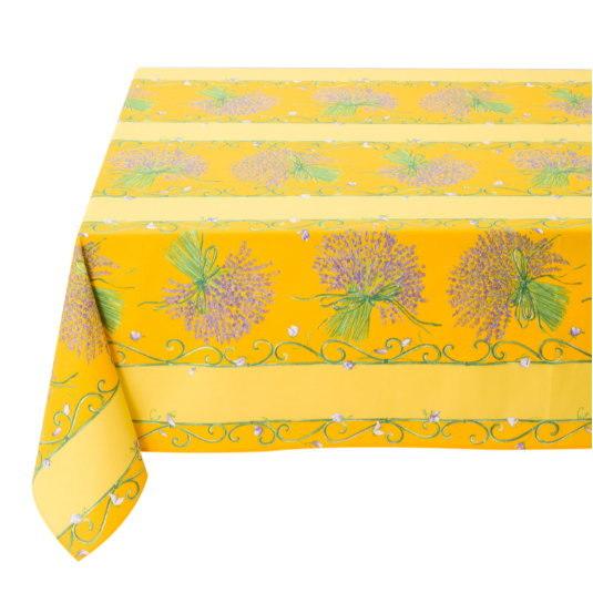 フランス製 コットン撥水テーブルクロス☆ラベンダーブーケ/イエロー 200x150cmサイズ F20...