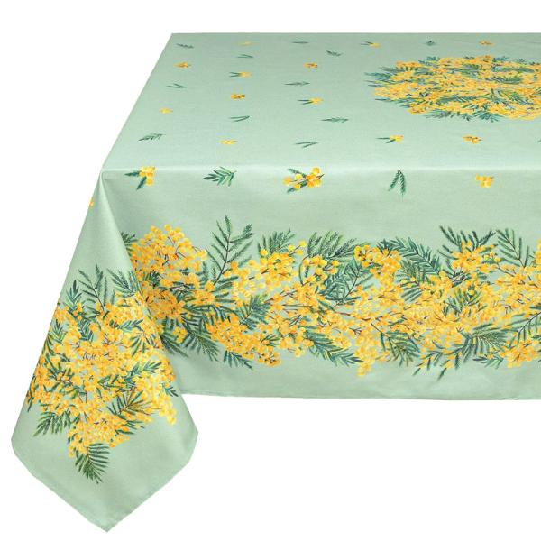 フランス製 コットン撥水テーブルクロス　ミモザ/グリーン 200x150cmサイズ F200155-...
