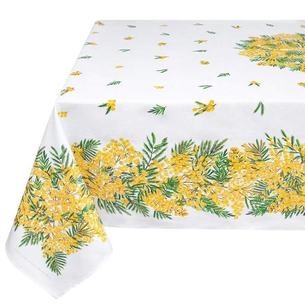 フランス製 コットン撥水テーブルクロス　ミモザ/ホワイト 200x150cmサイズ F200155-...