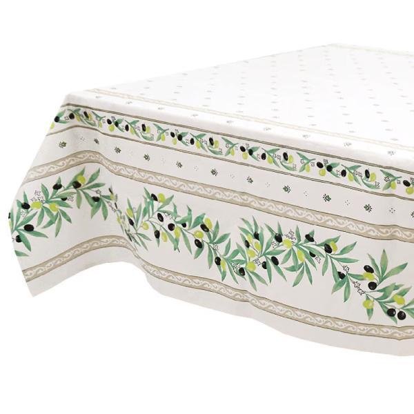 フランス製 コットン撥水テーブルクロス☆オリーブ柄/ホワイト 200x150cmサイズ F20015...