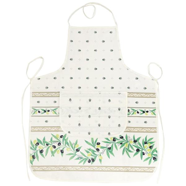 【メール便OK】南仏プロヴァンス製　コットンエプロン　オリーブ柄/ホワイト　FAP-RMTL-WT