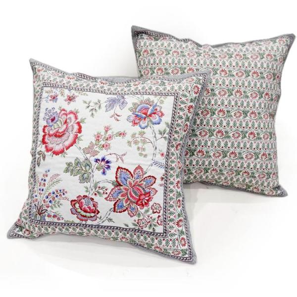 フランス製ジャカード織クッションカバー45cm角　両面柄ちがい FCC-GRN-PK ガランス/ピン...