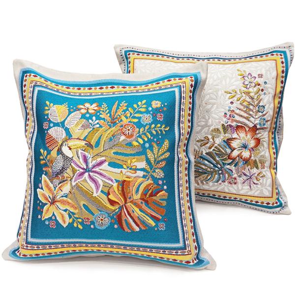 フランス製ジャカード織クッションカバー45cm角　両面柄ちがい◆FCC-PRICO-BL プエルトリ...