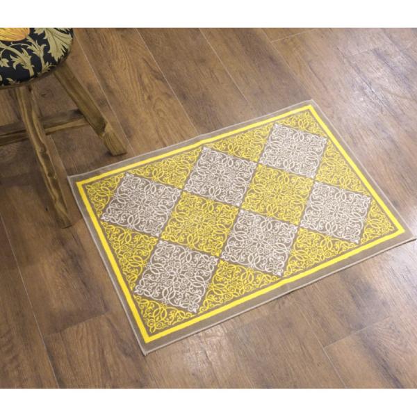 フランス モケット織マット 70×50cm　ダマスク/イエロー　FRG50-DAMAS-YL